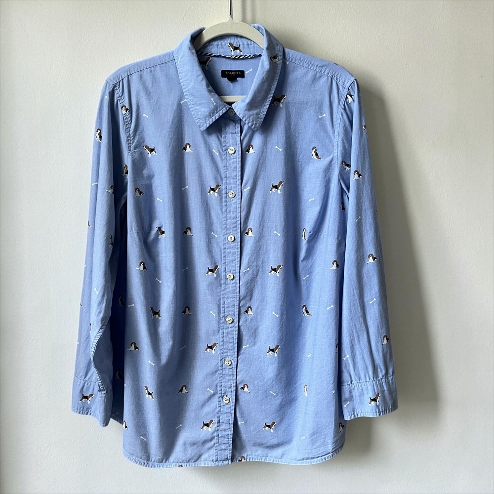 Talbots Button Up Shirt Women's 1X Beagles Dog Print Blue Cotton Preppy Classic